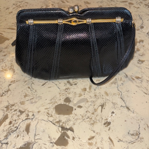 Vintage 80’s Judith Lieber Dark Navy Snakeskin Clutch Lock Clutch Crossbody - Picture 3 of 7